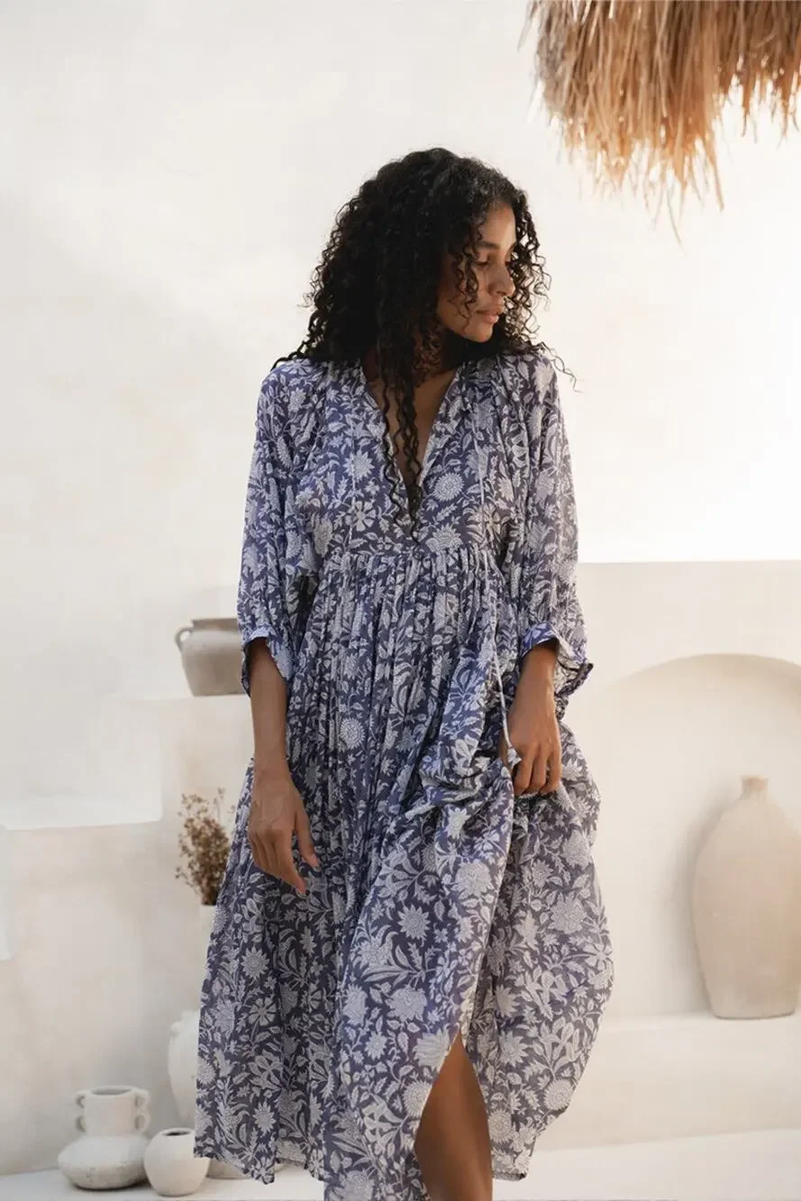 Daughters Of India Kyra Blue Iris Floral Long Peasant Sleeve Midi Dress Size 3XL